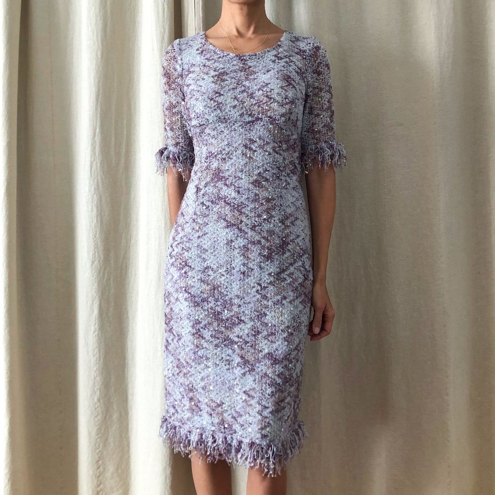 Mint boho chic ANNA SUI Fall Winter 90s knee length lavender purple dress fringe